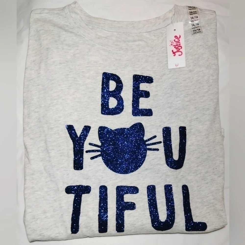 Justice Be-You-Tiful Sparkling Kitty Long Sleeve T-Shirt- 14/16